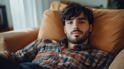 Obraz premium portrait of a relaxed young adult man with beard and casual attire resting on a cozy sofa indoors in soft natural light