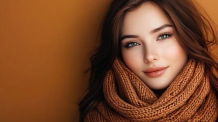 cheerful young woman with long wavy brown hair wearing a knitted brown scarf posed against a warm brown background showcasing winter fashion accessories