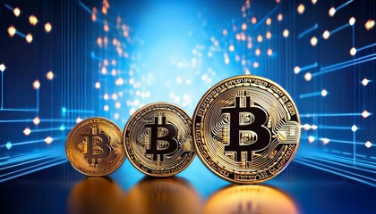  Golden Bitcoin coins stacked with a futuristic blue digital background, financial technology.