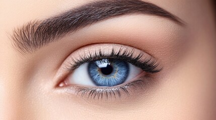 Fototapeta premium Close-up of a woman's captivating blue eye with long lashes and well-groomed eyebrows on a soft beige background highlighting beauty and detail.