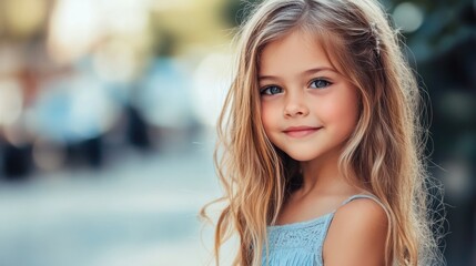 Fototapeta premium Young girl with long blonde hair in light blue dress smiling on sunlit city street with blurred background and soft bokeh effect.