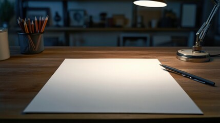 Cozy Desk Workspace with Blank Paper and Stationery Essentials