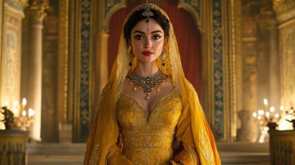 Obraz premium Stunning queen in golden dress and intricate jewelry standing gracefully in palace