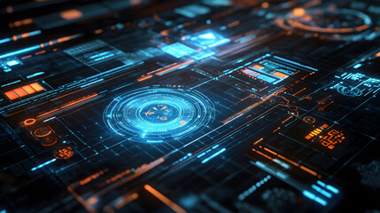Fototapeta premium Smart solar panels with holographic interfaces, allowing users to monitor energy generation, storage, and real-time efficiency of solar power in modern applications.