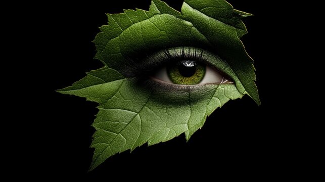 Nature's Gaze: An eye artfully framed by vibrant green leaves, creating a surreal and captivating image.