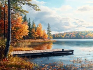 Foto op Canvas Serene autumn scene: wooden dock on calm lake, surrounded by vibrant fall foliage. © Thanawin