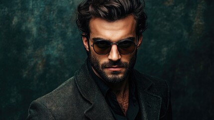 Fototapeta premium Handsome young man with a well-groomed beard wearing stylish sunglasses in dark jacket against a textured green background, portrait photography.