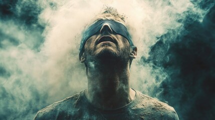 Mysterious man in a blindfold surrounded by swirling dust and smoke emanating from head against a dark background in moody blue and gray tones