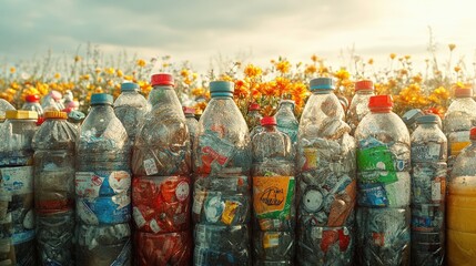 A landscape filled with colorful flowers juxtaposed against a row of discarded plastic bottles