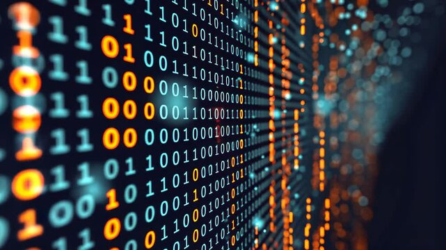 Abstract digital binary code flows in vibrant colors against a black background, showcasing intricate patterns and data representation at night in a technological environment