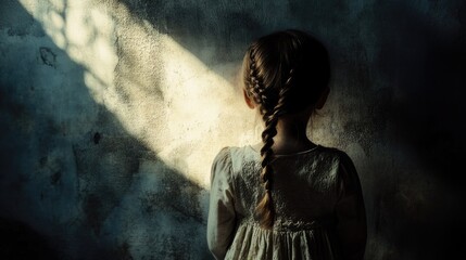 Obraz premium A contemplative young girl with a braided hairstyle stands in profile, facing a textured blue wall illuminated by soft natural light, evoking a sense of innocence and solitude.