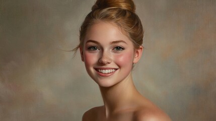 Portrait of young female ballet dancer with hair bun smiling against soft neutral background showcasing natural beauty and grace