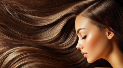 Naklejka premium Elegant woman with flowing long brown hair showcasing beauty and radiance in a studio setting with soft lighting and smooth textures
