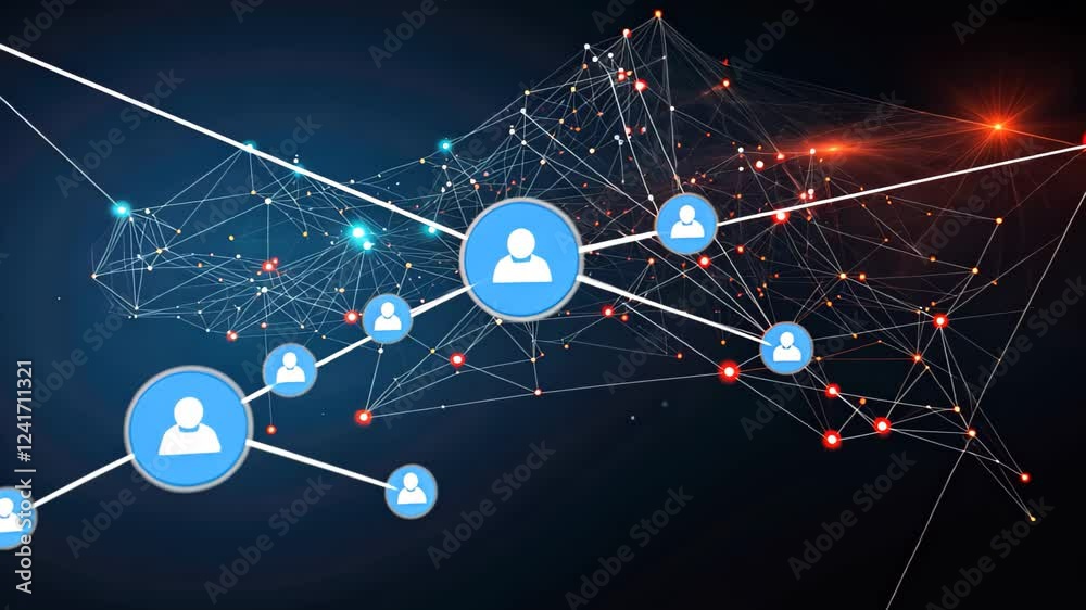 Poster an abstract constellation of connected data points represents a digital network marked by red and bl
