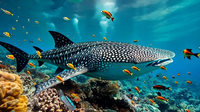 A whale shark Rhincodon typus swims gracefully among colorful coral reefs and vibrant tropical fish in a sunlit underwater paradise