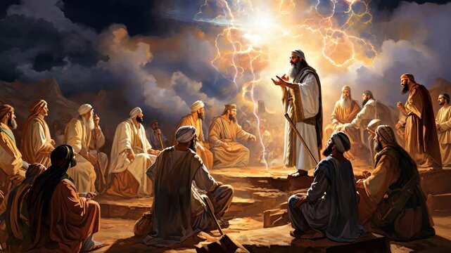 Biblical prophets gather on a mountain as one prophet speaks to them under a sky filled with dramatic lightning and clouds in the time of the Old Testament