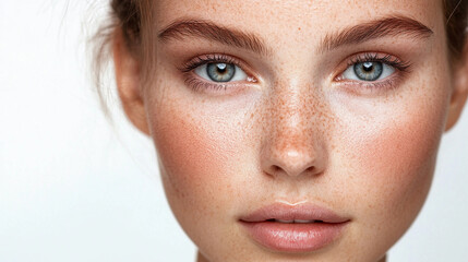 Stunning close-up of a young woman's face showcasing clear skin, natural beauty, and captivating eyes in a soft and neutral setting. Generative AI
