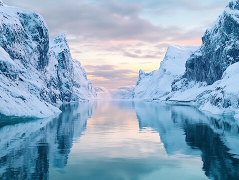 Serene winter landscape, snow-capped mountains reflected in calm glacial water. Breathtaking arctic scenery.