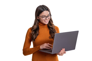 Teen girl study online isolated on white. Online education. Back to school. Girl in eye protecting glasses using laptop. School education online. Teen girl at video call. School blog