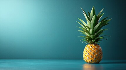 A single ripe pineapple sits on a teal surface