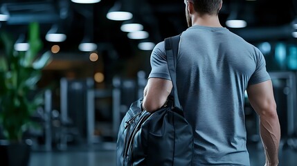 Athletic man in grey t-shirt with gym bag walking in modern fitness center. Back view of muscular male entering sports facility in evening hours.