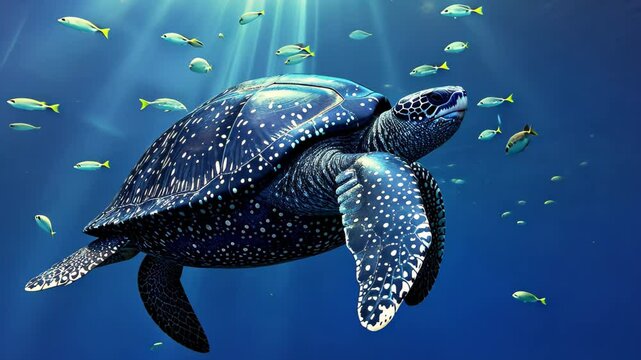 The majestic leatherback sea turtle gracefully swims through the deep blue ocean, with sunlight filtering down from the surface, showcasing its unique spotted shell