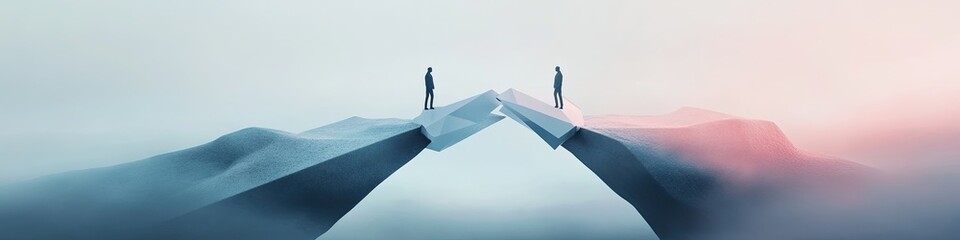 Obraz premium surreal composition of interlocking geometric shapes creating bridge between two figures illuminated by soft light