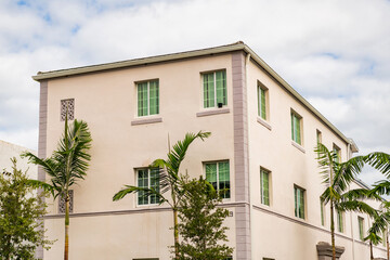 Architectural district Art Deco. Modern pink building of Miami beach. Ocean drive. Miami Beach in Ocean Drive Florida. Art Deco building architecture. Architectural building. Art deco