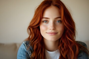 Fototapeta premium Young woman with natural red wavy hair, freckles and blue eyes wearing casual denim jacket and white t-shirt smiling at camera against neutral background.