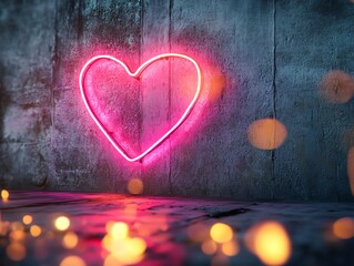Pink neon heart sign on grunge wall. Romantic, Valentine's Day concept.