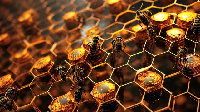 Artificially intelligent hive formation showcases intricate hexagonal patterns and bees interacting with a glowing honeycomb structure in a futuristic environment
