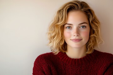 Fototapeta premium Young Caucasian woman with blonde wavy hair and natural makeup wearing burgundy knit sweater smiles warmly against light neutral background.