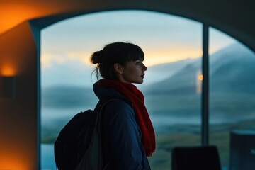 Fototapeta premium A young woman with a backpack gazes out a large window at a breathtaking sunset over a mountain landscape.