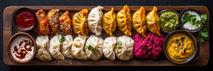 Fototapeta premium A Vibrant Flat-Lay of Assorted Momos and Dips - A colorful assortment of steamed momos, served with a variety of flavorful dipping sauces. Represents culinary diversity, vibrant flavors
