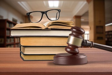 Law education, legal study concept, books in library