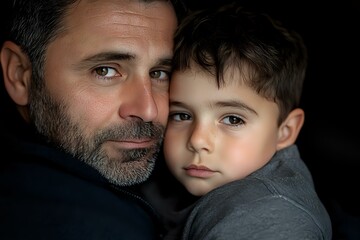 Obraz premium Close-up portrait of father and young son on black background, showing emotional connection and family bond. Dramatic lighting emphasizes facial features and tender moment.