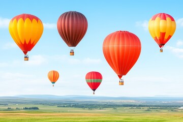 Naklejka premium Colorful Hot Air Balloons Over Green Fields - A dazzling display of colorful hot air balloons floating gracefully above a picturesque landscape, symbolizing adventure, freedom, joy, aspiration