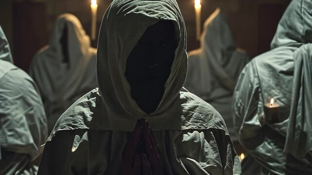 A hidden gathering of a secret society performing a ritual in a dimly lit chamber, with members wearing hooded robes and candles illuminating the dark atmosphere