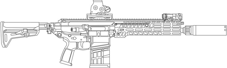 New assault rifle with optical sight and silencer in thick outline, xm7 line icon in black color.