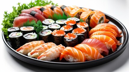Detailed close-up of sushi varieties like dragon rolls, spicy tuna, and cucumber maki on a glossy black plate, set against a bright white background