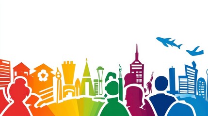 Obraz premium Colorful Skyline with Silhouette of People and Iconic Buildings