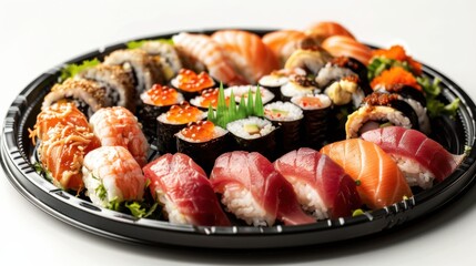 Detailed close-up of sushi varieties like dragon rolls, spicy tuna, and cucumber maki on a glossy black plate, set against a bright white background