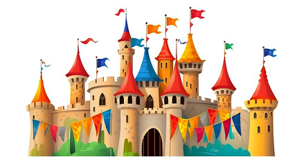Fototapeta premium A castle with many flags hanging from the top