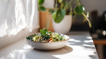 Quinoa Salad with Herbs and Vegetables by a Sunny Window