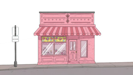 A charming 2D & 3D illustration of a small pink store building, set against a pastel-colored background, featuring a cute, minimalist, and inviting aesthetic.