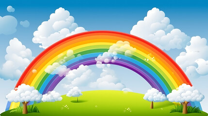 A rainbow is shown in the sky above a green field