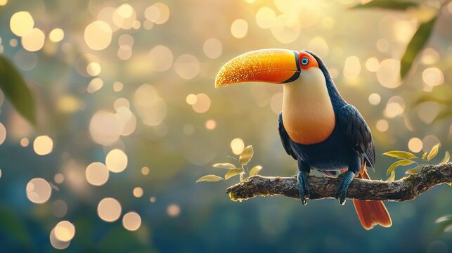   A toucan perched atop a leafy tree branch, gazing intently into the book before it