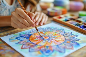 Naklejka premium A woman creates a beautiful flower design on a sheet of paper