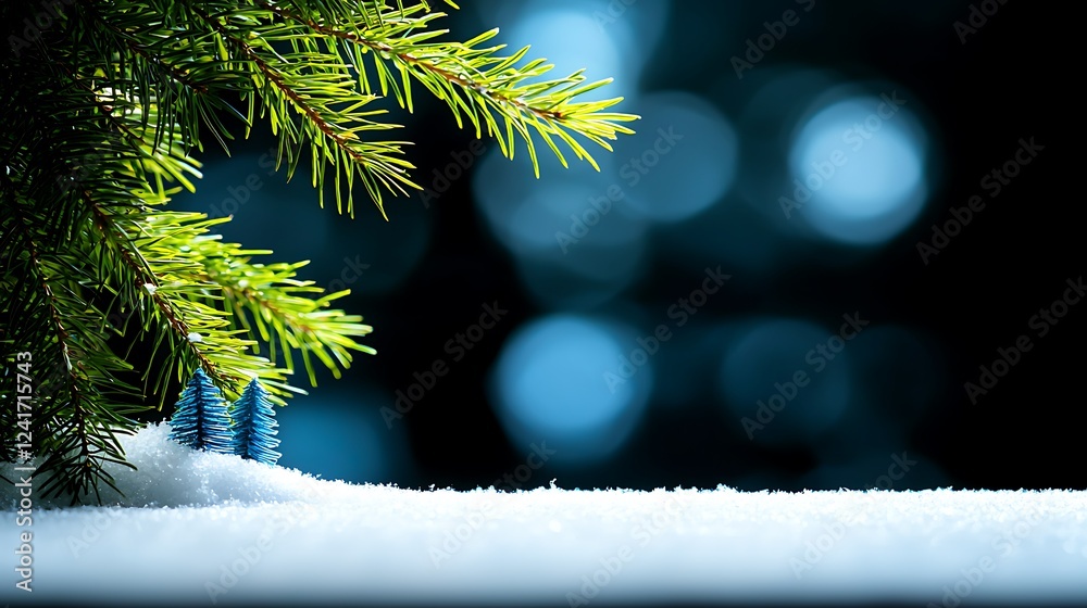 Canvas Prints Snowy winter scene with evergreen branches and miniature trees on a soft white surface, blurred background