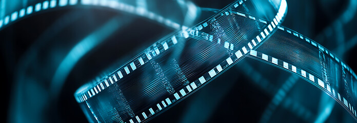 A captivating close-up of a film reel, rendered in a vibrant teal tone